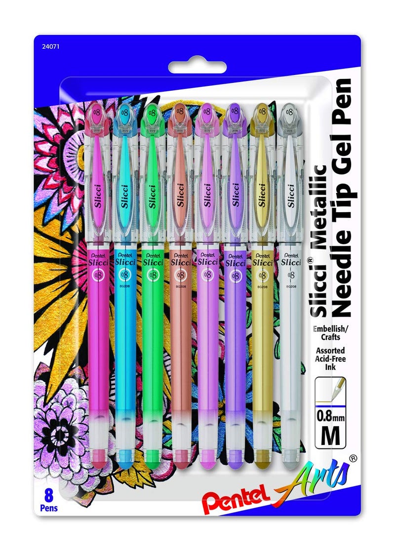 Pentel Arts Slicci Metallic 0.8 mm Needle Tip Gel Pen, Assorted Colors, 8 Pack (BG208BP8M) - Image 1